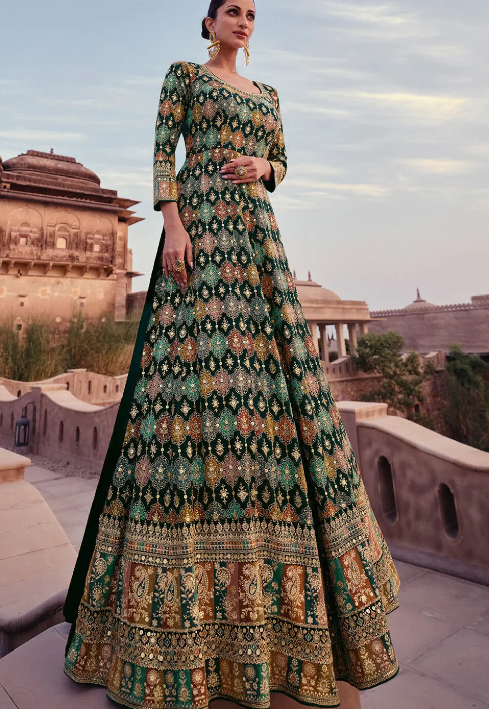 Embroidered Georgette Gown in Dark Teal Green