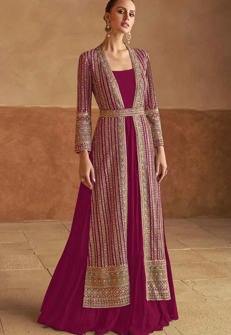 Embroidered Georgette Gown with Jacket in Pink