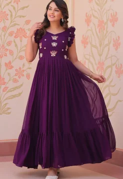 Embroidered Georgette Gown in Purple