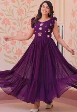 Embroidered Georgette Gown in Purple