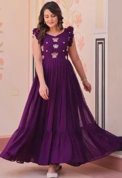 Embroidered Georgette Gown in Purple
