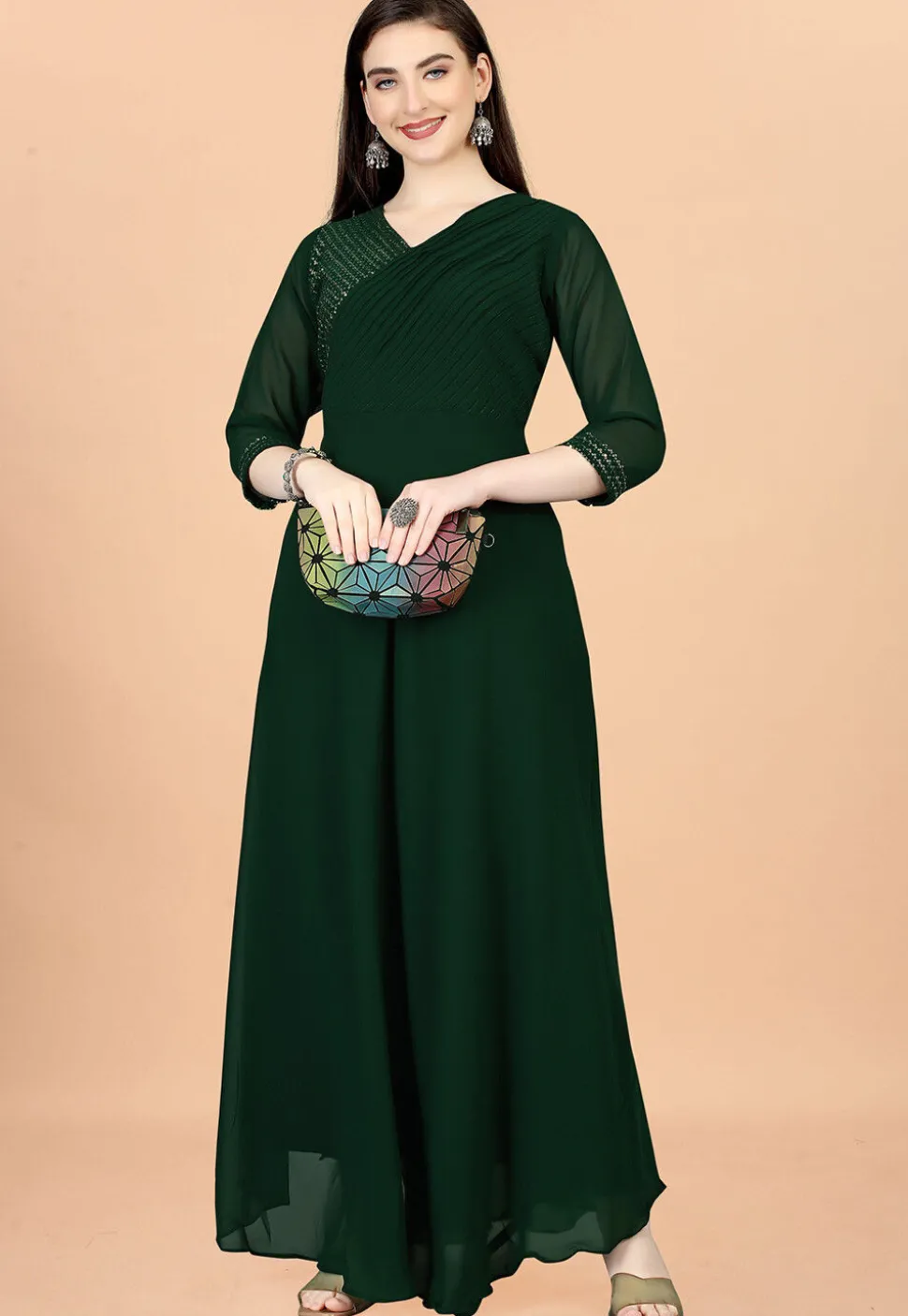 Embroidered Georgette Gown in Dark Green