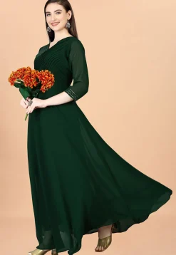 Embroidered Georgette Gown in Dark Green