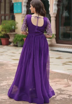 Embroidered Georgette Gown in Purple