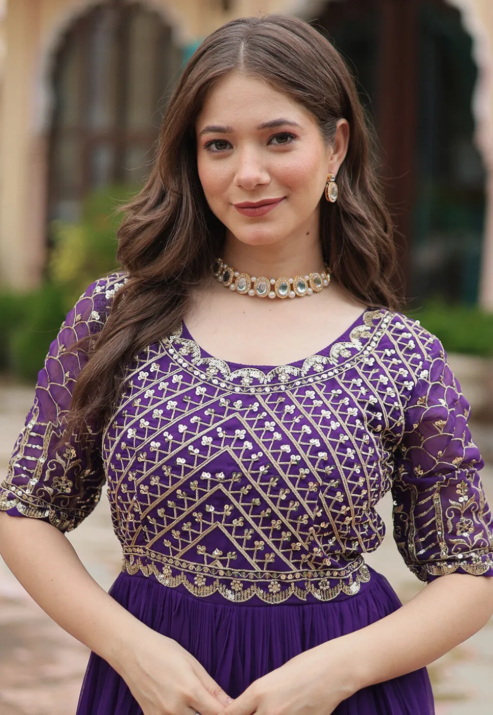 Embroidered Georgette Gown in Purple