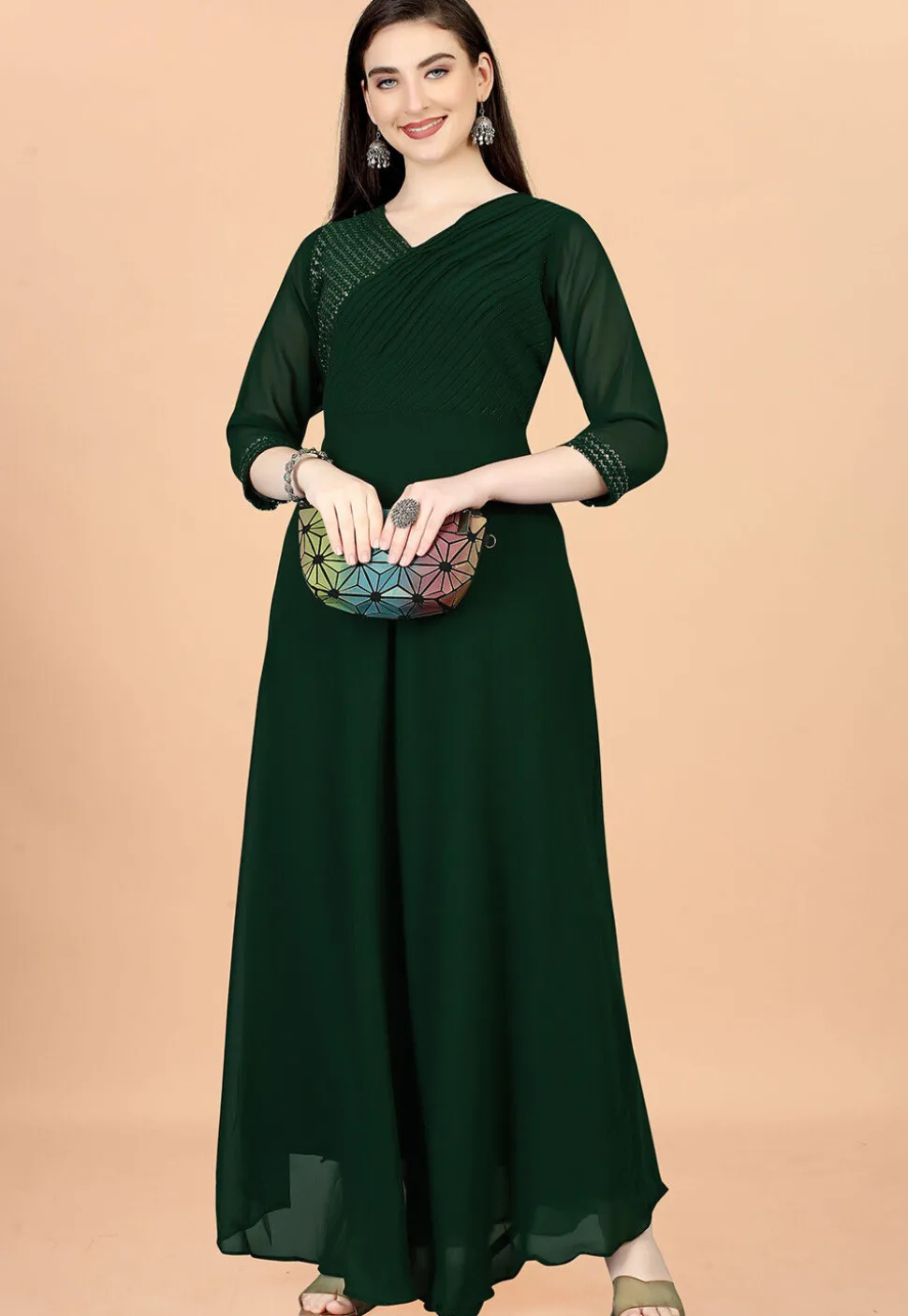 Embroidered Georgette Gown in Dark Green