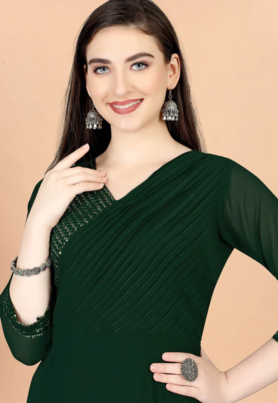 Embroidered Georgette Gown in Dark Green