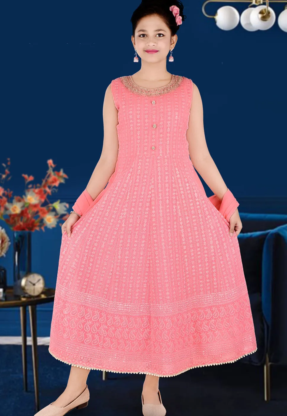 Embroidered Georgette Gown in Pink