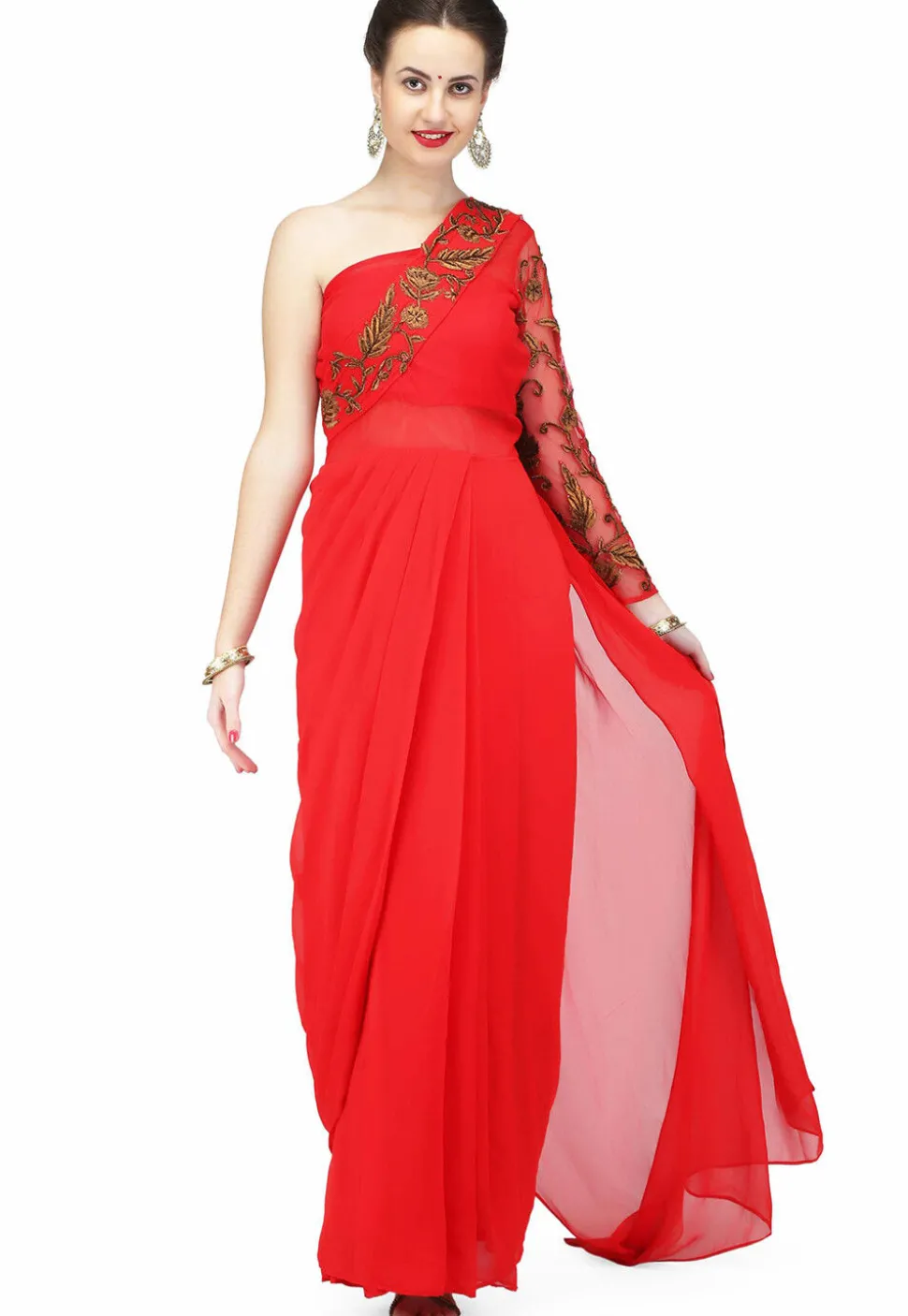 Embroidered Georgette Gown with attached Dupatta in Red