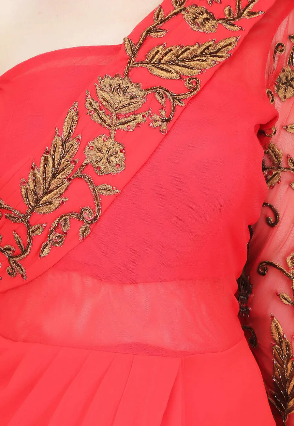Embroidered Georgette Gown with attached Dupatta in Red