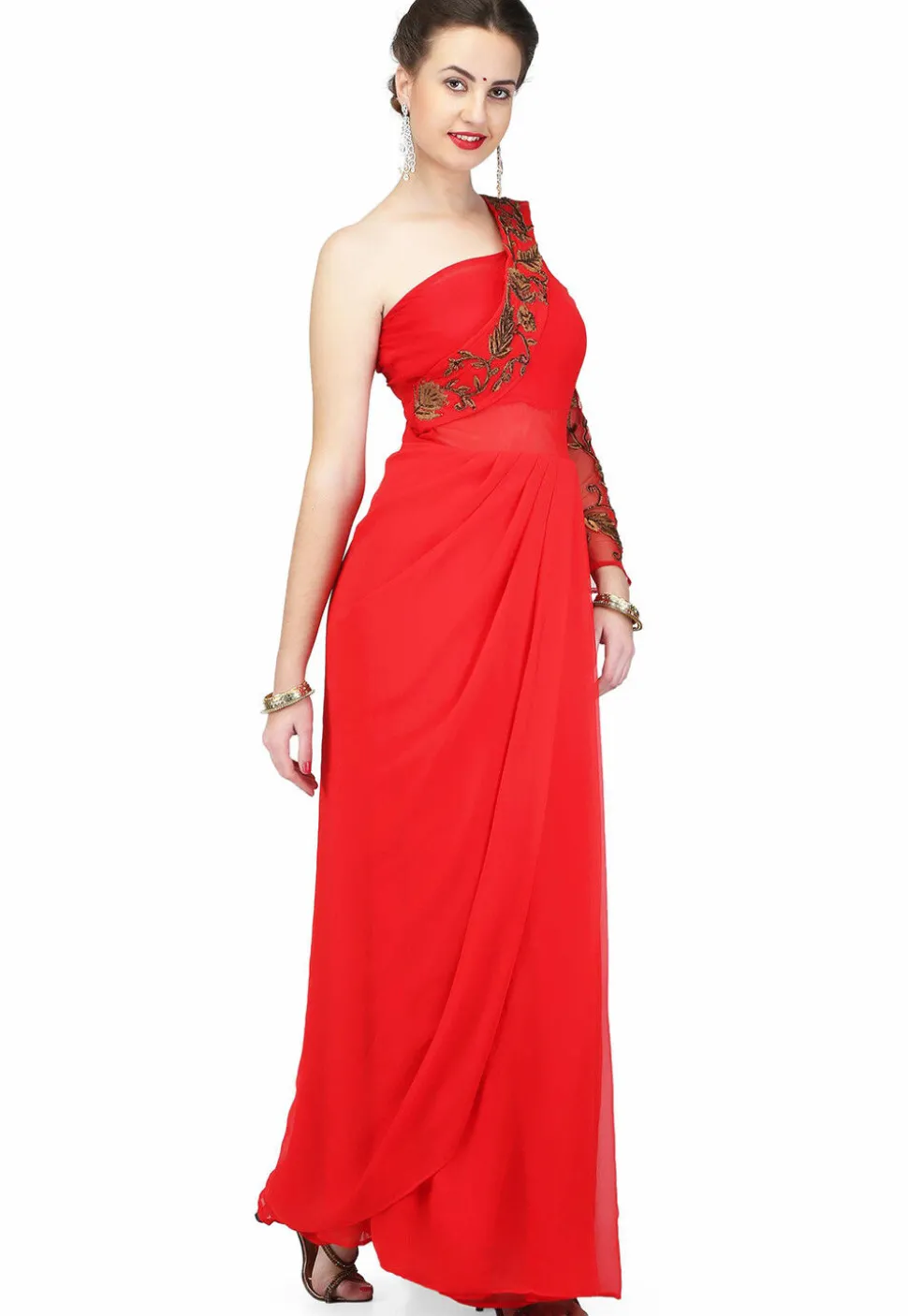 Embroidered Georgette Gown with attached Dupatta in Red