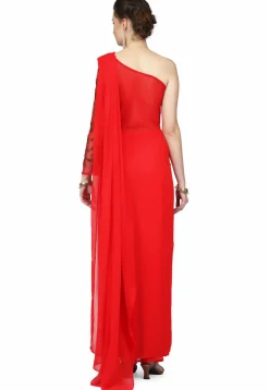 Embroidered Georgette Gown with attached Dupatta in Red