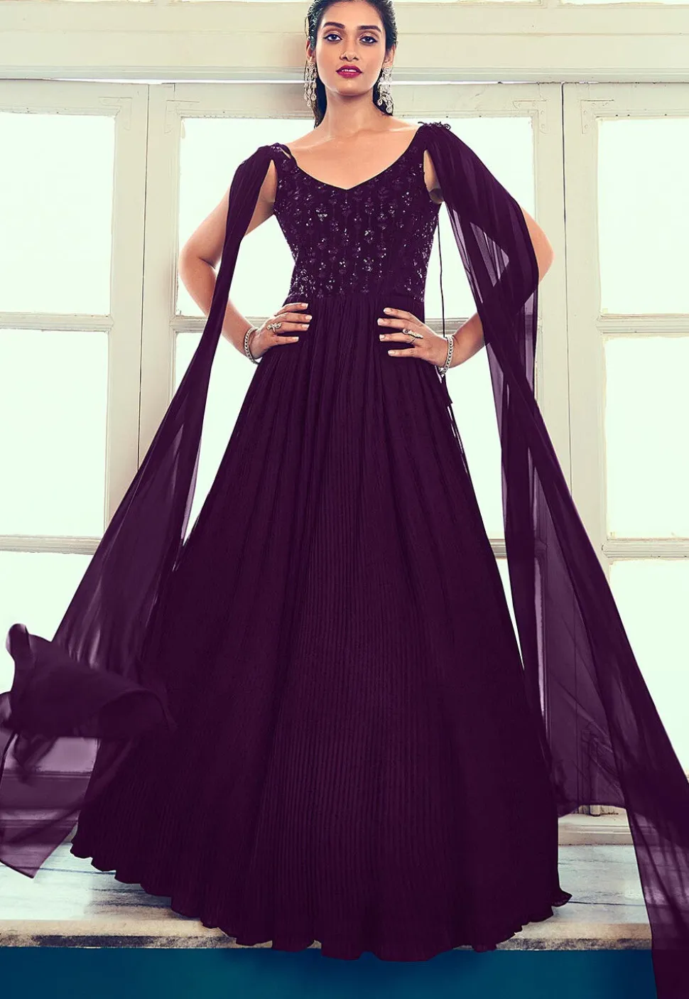Embroidered Georgette Gown in Purple