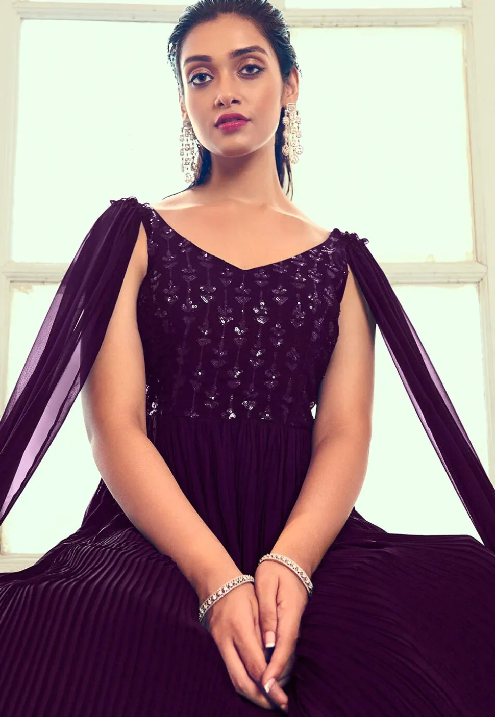Embroidered Georgette Gown in Purple