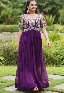 Embroidered Georgette Gown in Purple