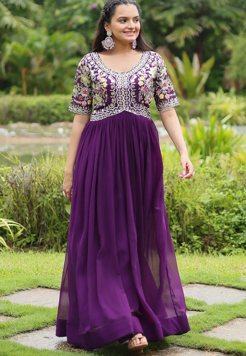 Embroidered Georgette Gown in Purple