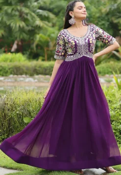 Embroidered Georgette Gown in Purple