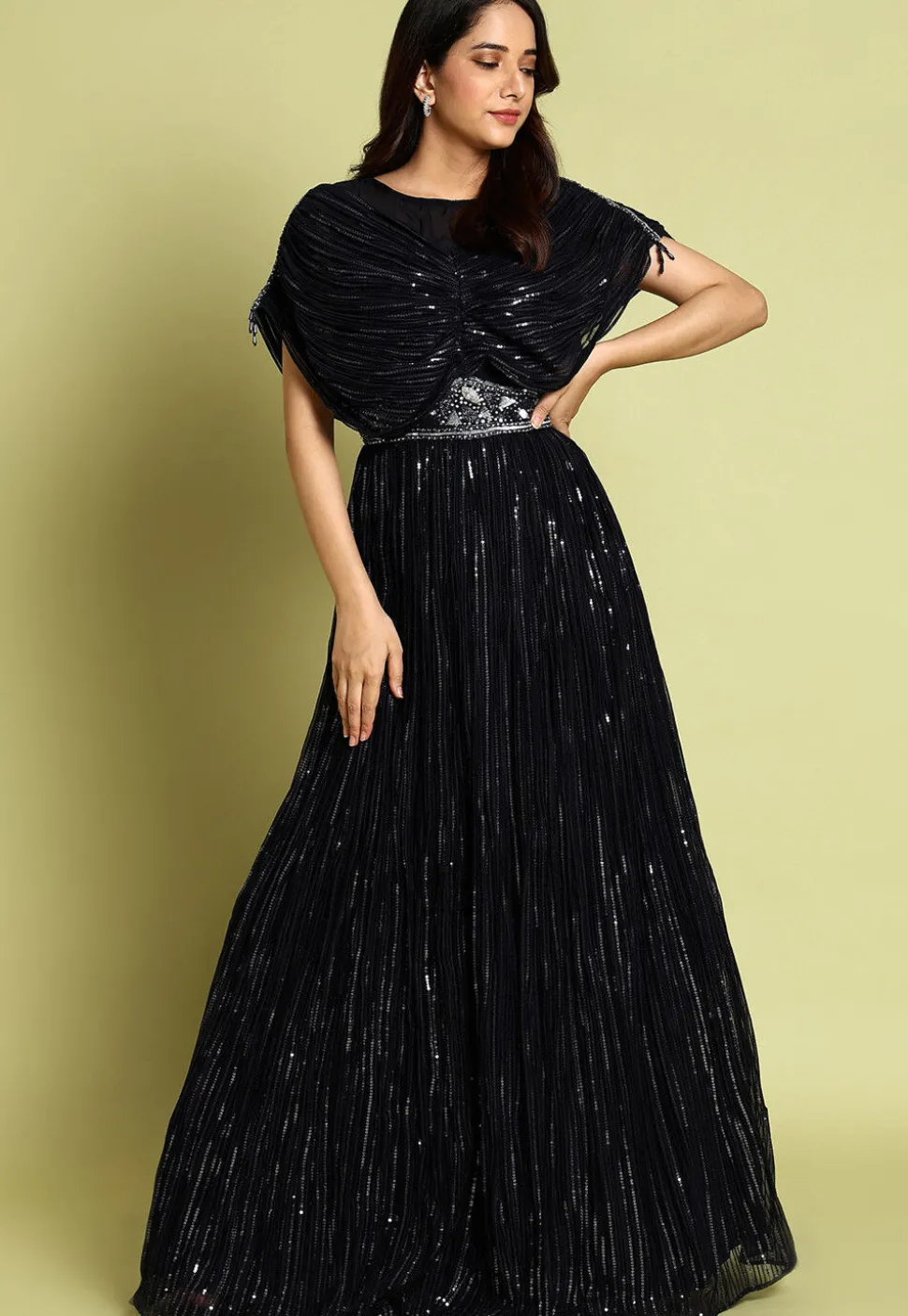 Embroidered Georgette Gown in Black