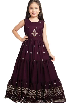 Embroidered Georgette Gown in Wine
