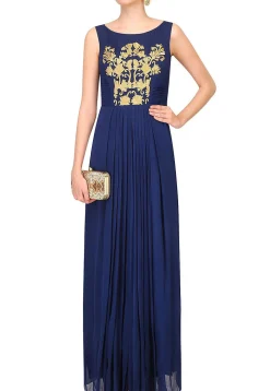 Embroidered Georgette Gown in Dark Blue
