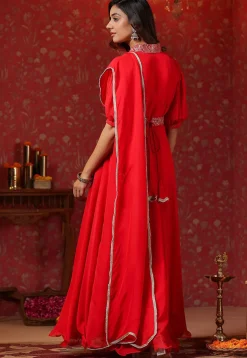 Embroidered Georgette Gown with attached dupatta in Red