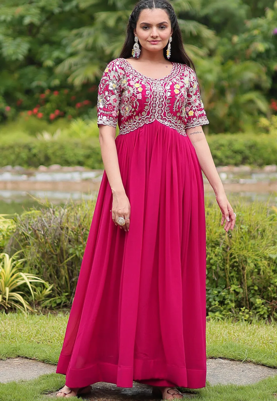 Embroidered Georgette Gown in Pink