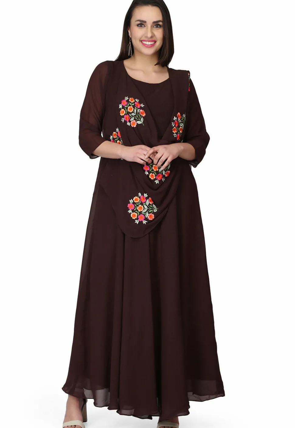 Embroidered Georgette Gown in Dark Brown