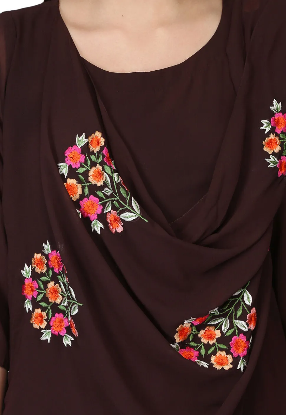 Embroidered Georgette Gown in Dark Brown