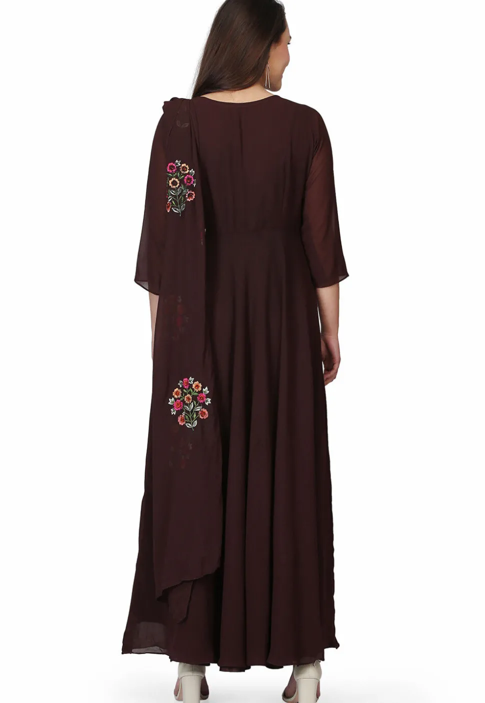Embroidered Georgette Gown in Dark Brown