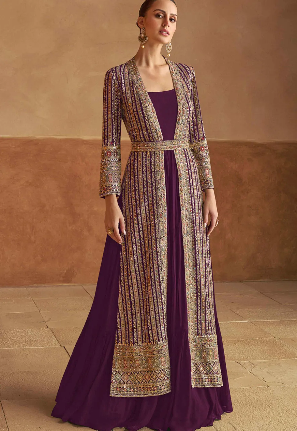 Embroidered Georgette Gown with Jacket in Purple