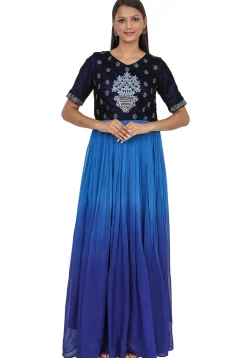 Embroidered Georgette Gown in Shaded Blue