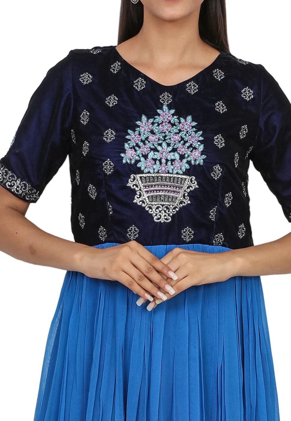 Embroidered Georgette Gown in Shaded Blue