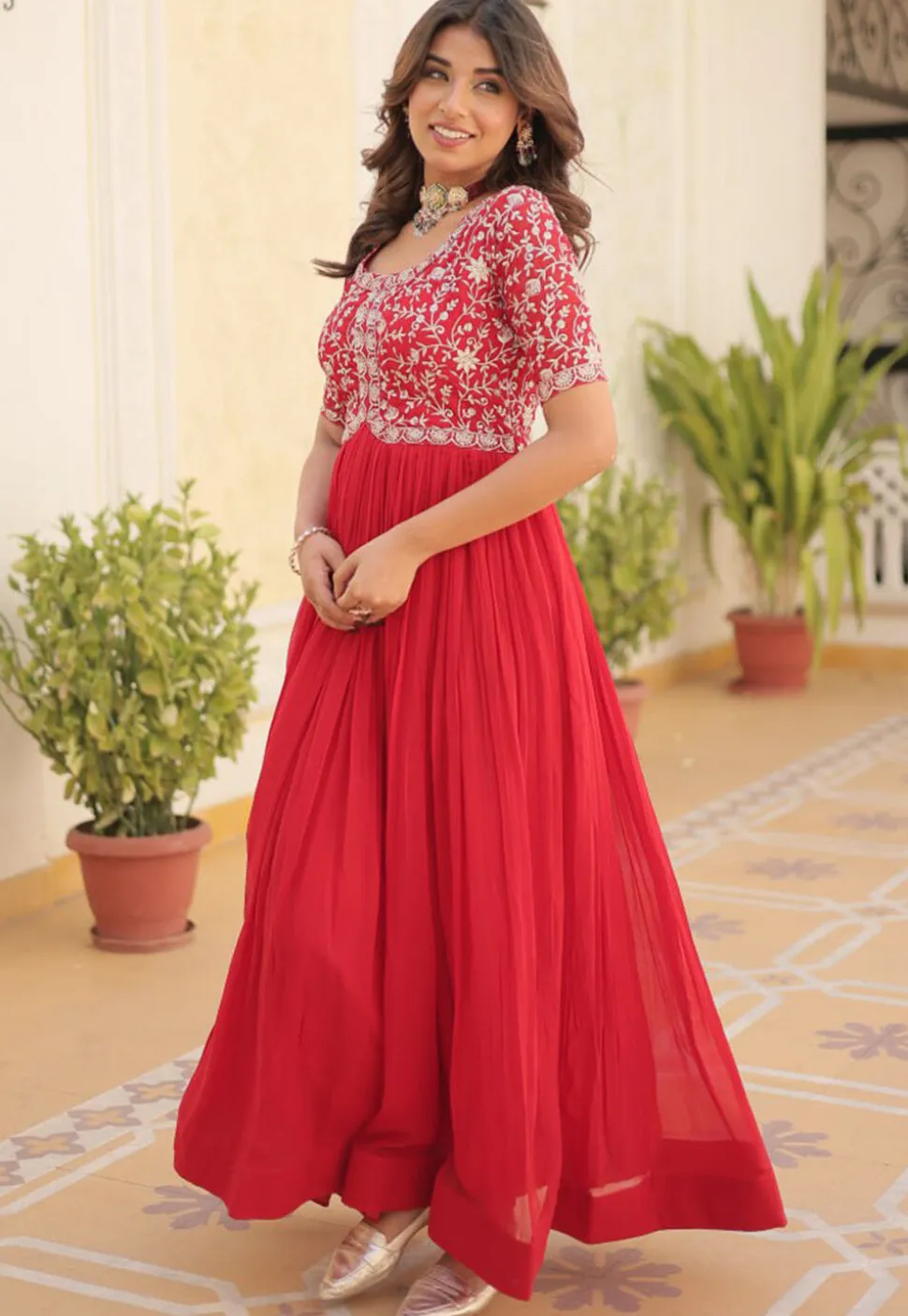 Embroidered Georgette Gown in Red