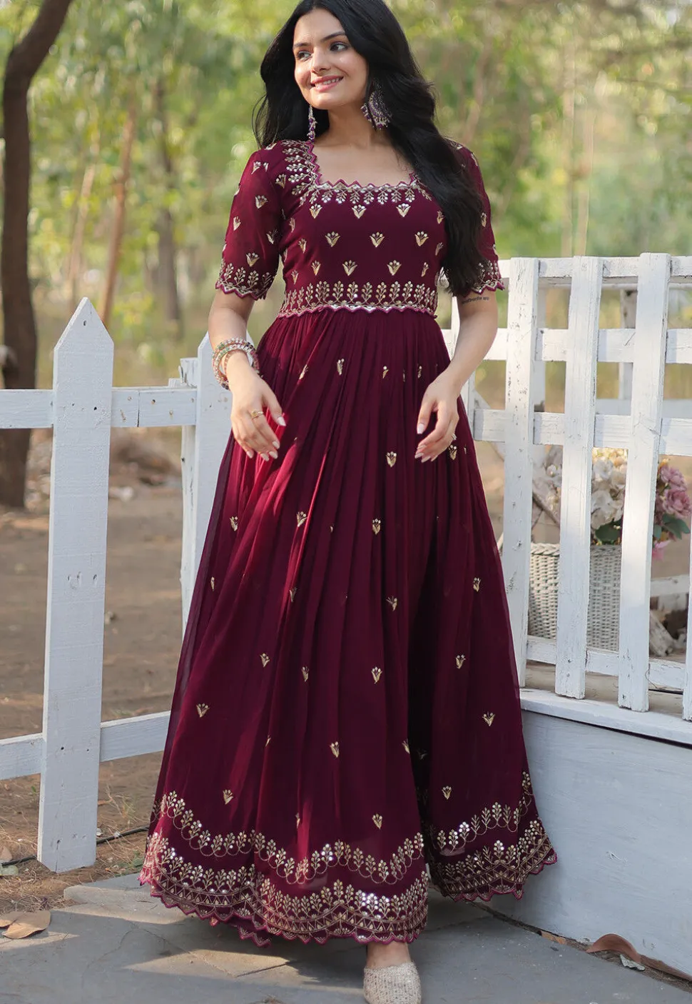 Embroidered Georgette Gown in Wine