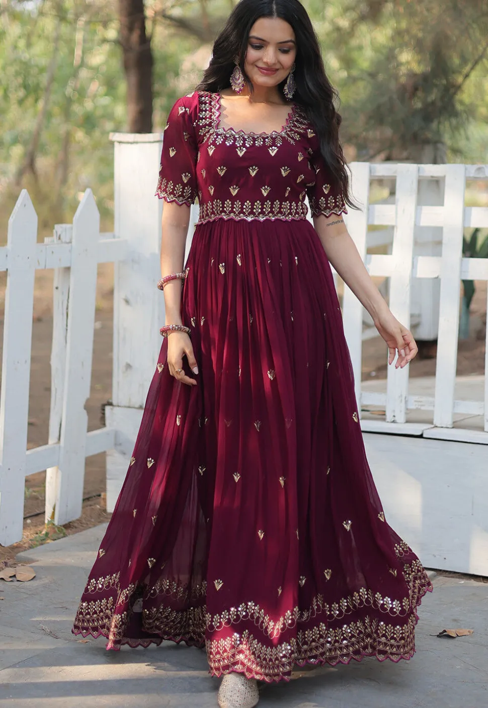Embroidered Georgette Gown in Wine