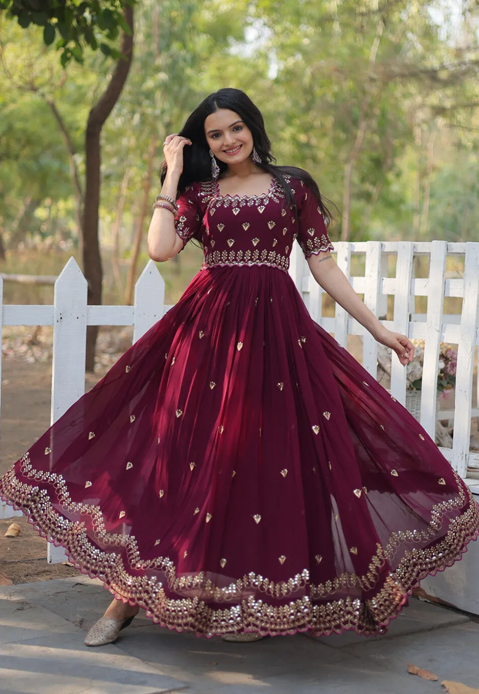 Embroidered Georgette Gown in Wine