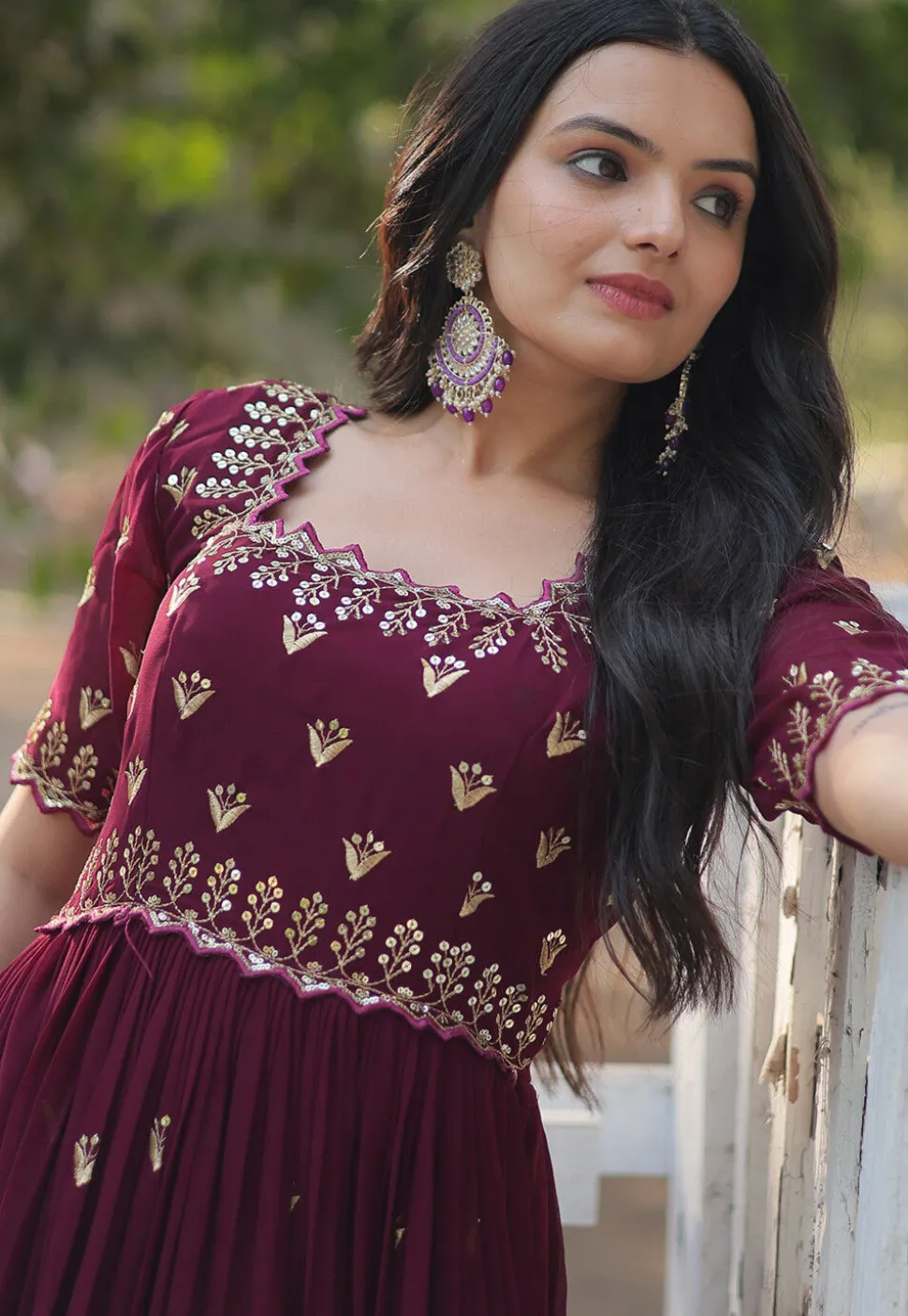 Embroidered Georgette Gown in Wine