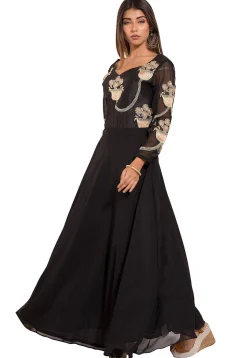 Embroidered Georgette Gown in Black