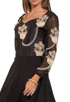 Embroidered Georgette Gown in Black