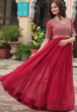 Embroidered Georgette Gown in Fuchsia