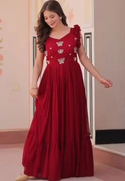 Embroidered Georgette Gown in Maroon