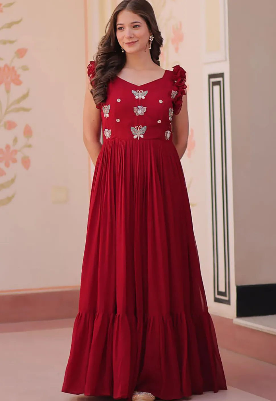 Embroidered Georgette Gown in Maroon