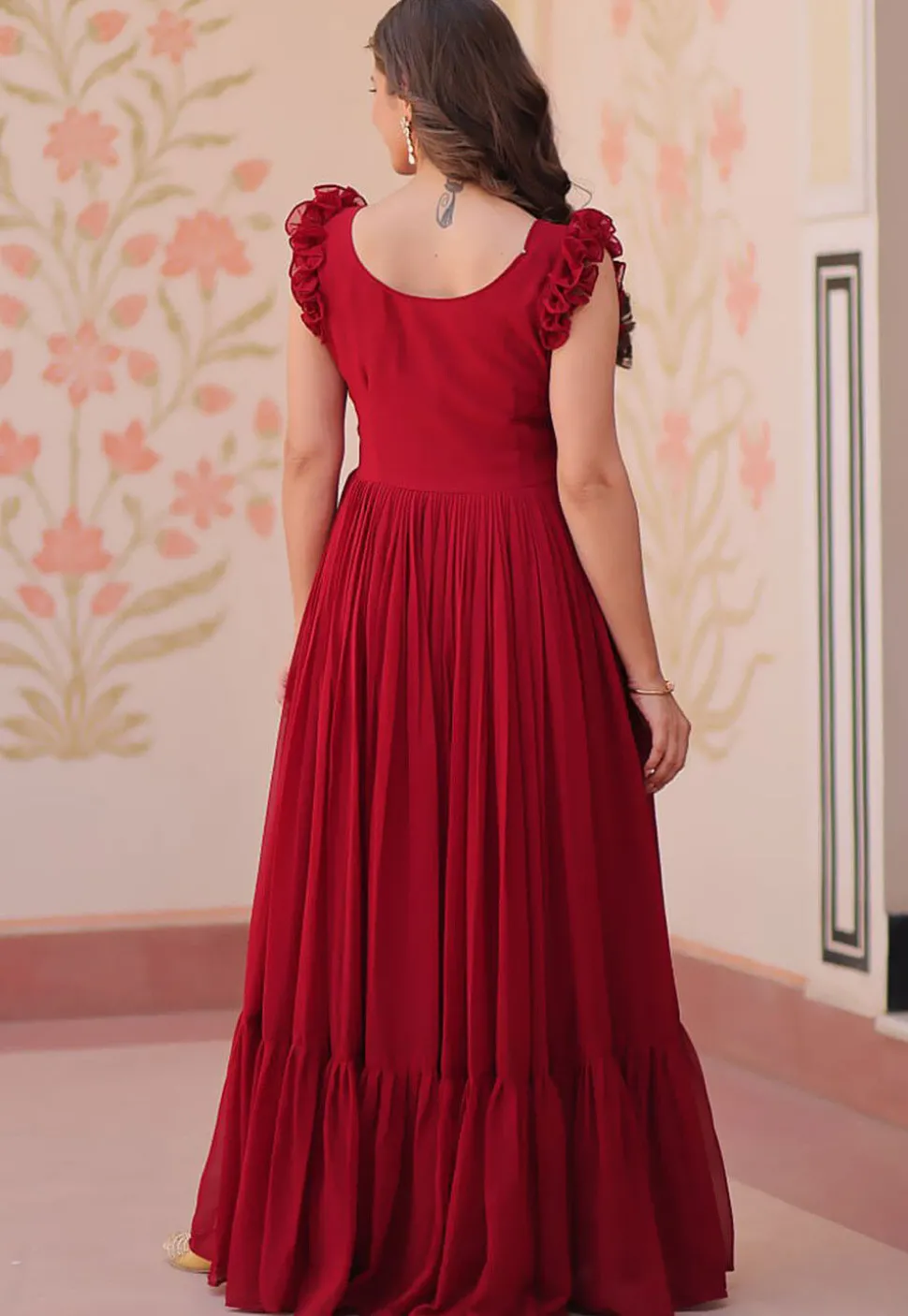 Embroidered Georgette Gown in Maroon