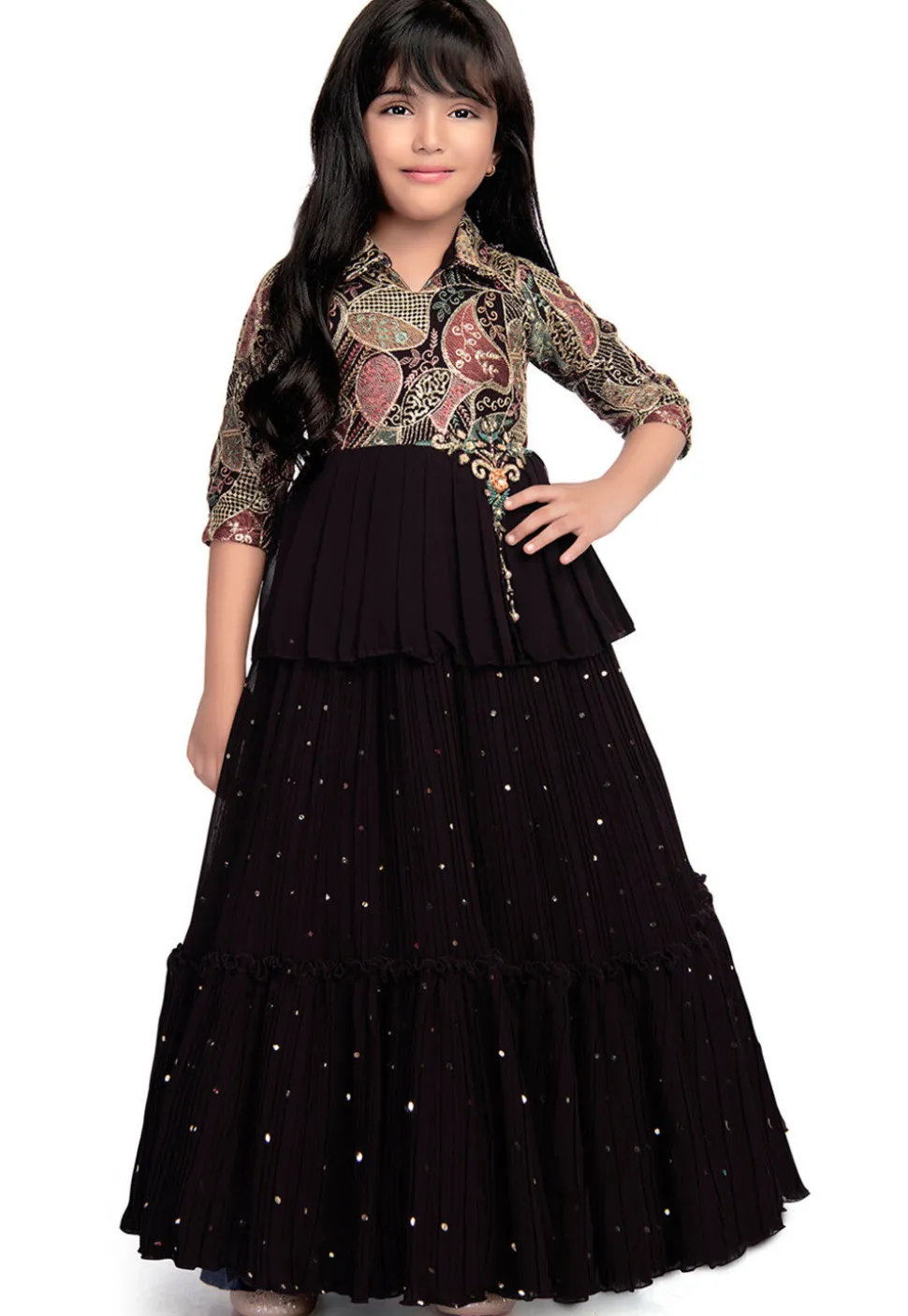 Embroidered Georgette Gown in Wine