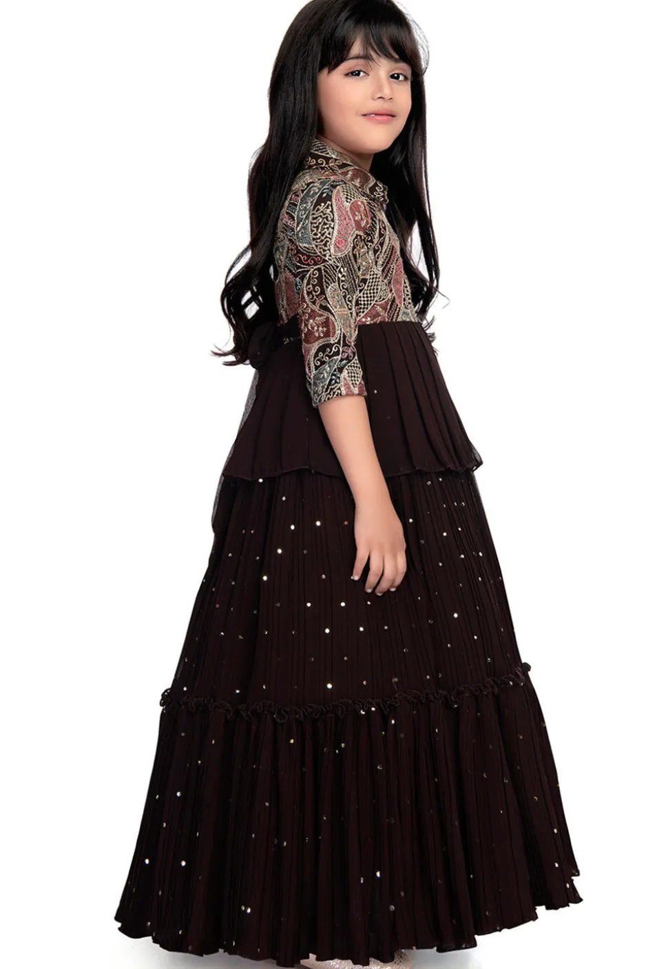 Embroidered Georgette Gown in Wine