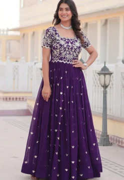 Embroidered Georgette Gown in Purple