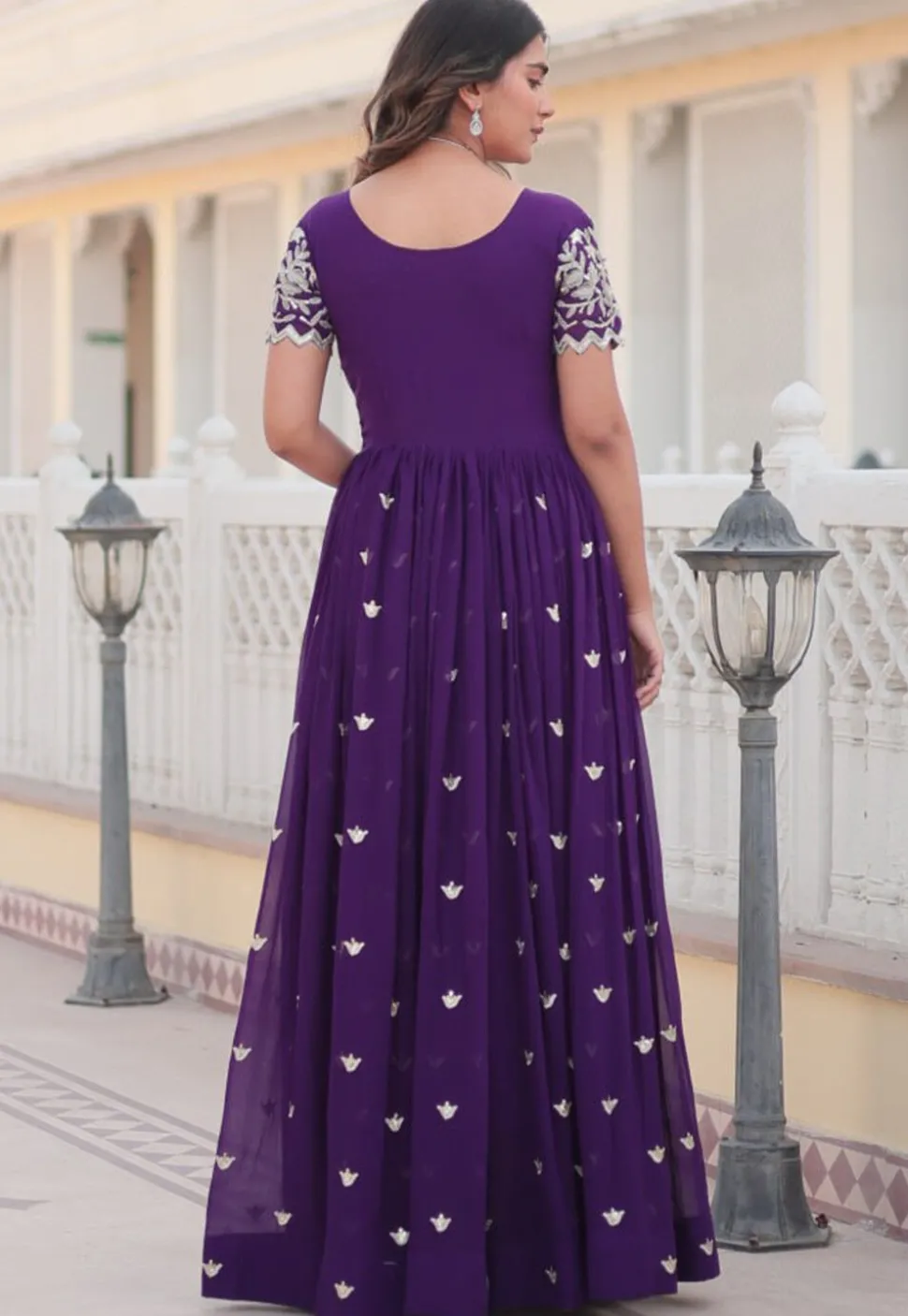 Embroidered Georgette Gown in Purple