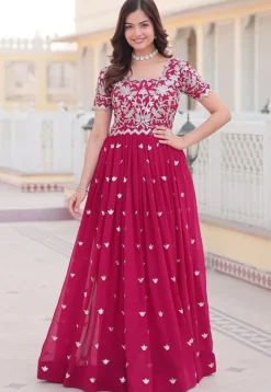 Embroidered Georgette Gown in Pink
