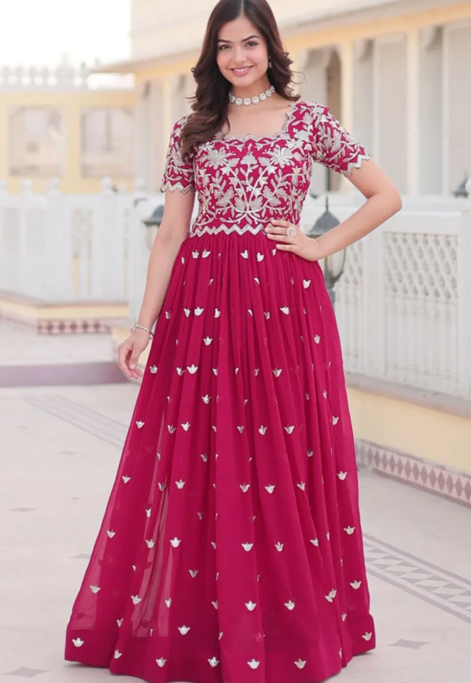 Embroidered Georgette Gown in Pink
