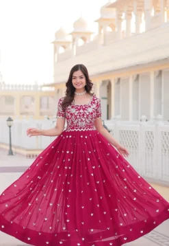 Embroidered Georgette Gown in Pink